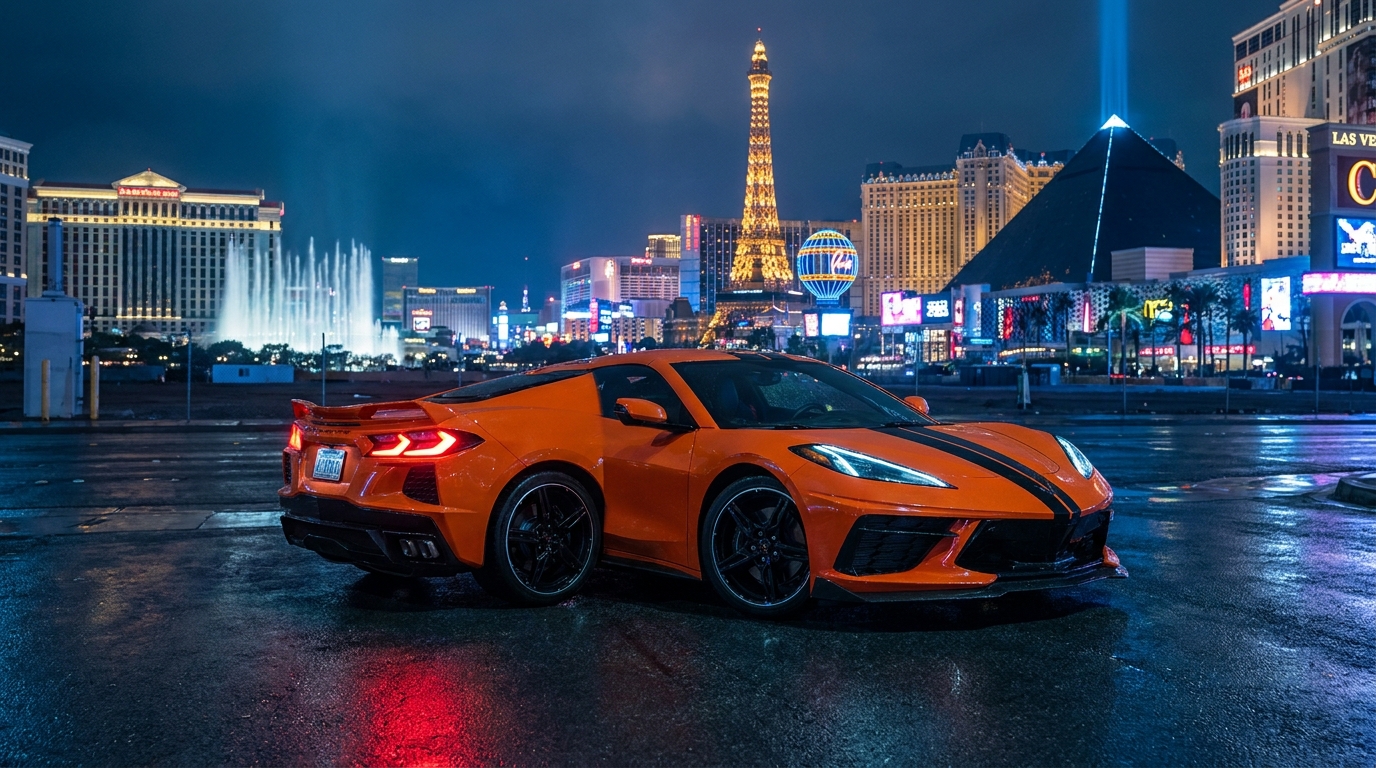2023 Chevrolet Corvette Stingray parked above the Las Vegas Strip at night