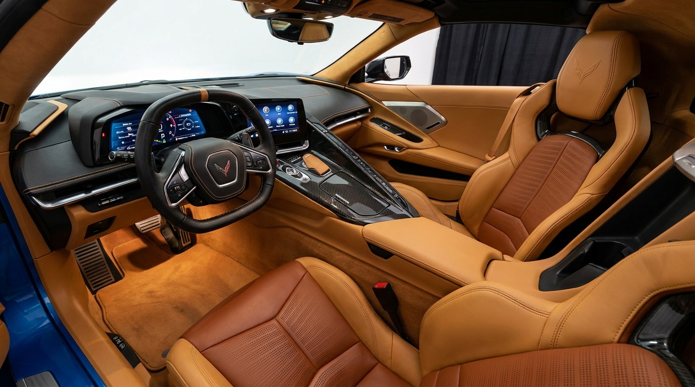 Corvette Stingray interior cockpit with leather seats and touchscreen