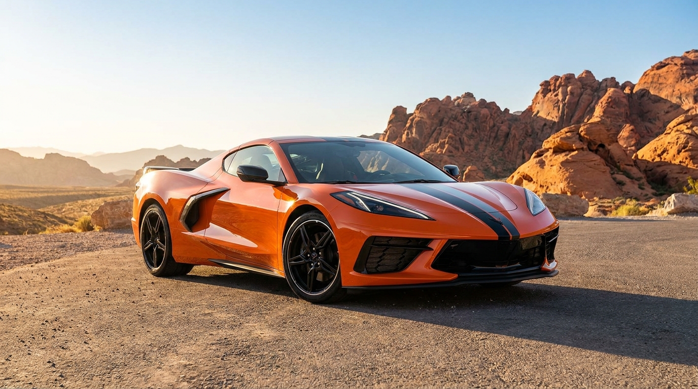 Corvette parked overlooking Red Rock Canyon outside Las Vegas